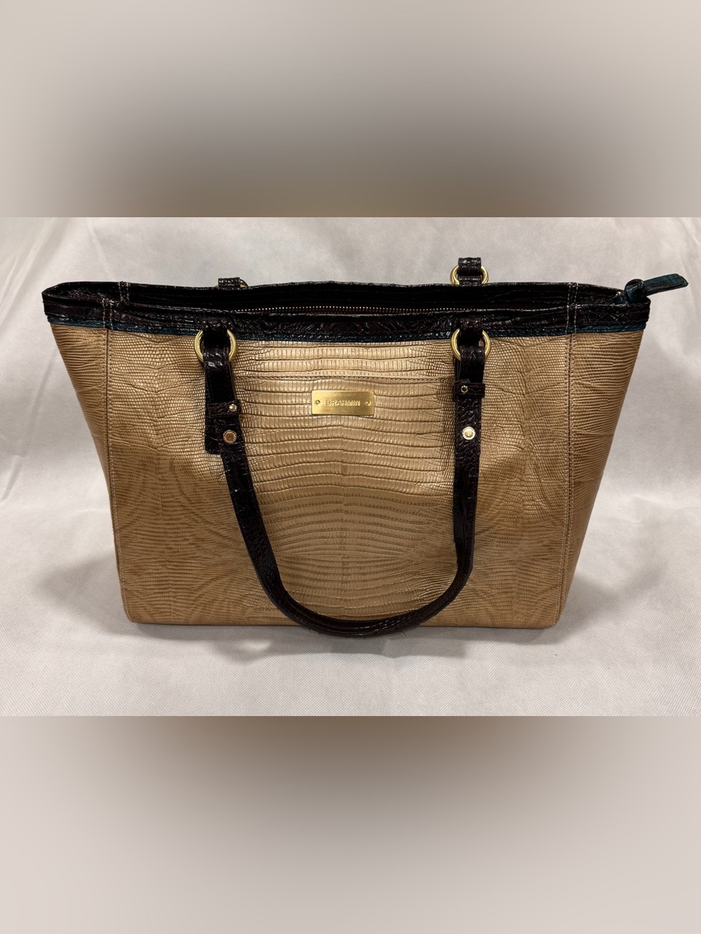 Brahmin Tan Croc-Embossed Tote with Black Trim and Gold Hardware